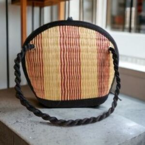 Baskets of Cambodia Natural and Burgandy Straw Purse with Black Corded Trim